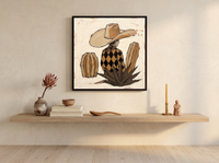 Cowboy in a Cactus Field Wall Art — Original Palette-Knife Oil, Chocolate & Tan — original hand-painted oil shown on the wall in a styled room