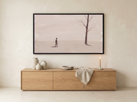 Lone Walker & Bare Tree Wide Wall Art — Original Palette-Knife Oil, Mauve & Rose-Brown — original hand-painted oil shown on the wall in a styled room