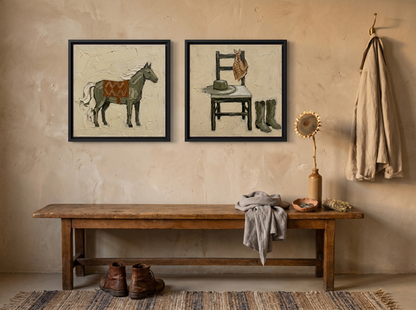 Horse & Cowboy Gear — Set of 2 Original Oils, Olive & Sienna