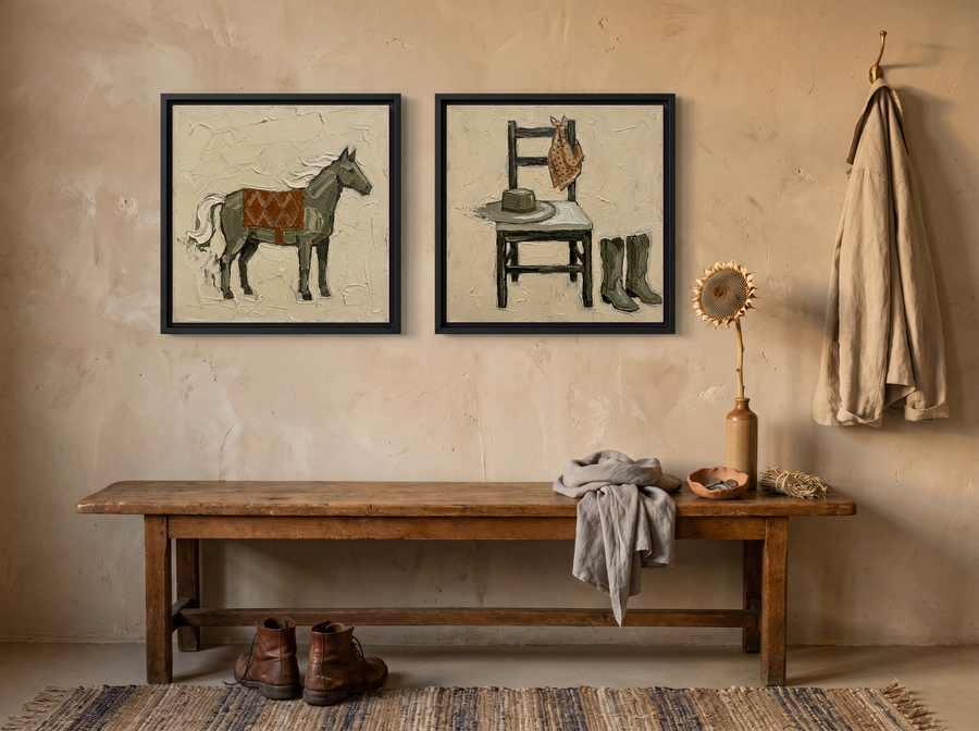 Horse & Cowboy Gear — Set of 2 Original Oils, Olive & Sienna