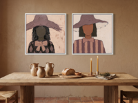 Two Women in Floppy Hats — Set of 2 Original Oils, Mauve & Rose — original hand-painted oil shown on the wall in a styled room