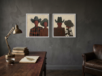 Cowboy & Cowgirl, Front & Back — Set of 2 Original Oils, Olive & Oxblood — original hand-painted oil shown on the wall in a styled room
