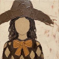 Oil painting of a faceless woman in a chocolate floppy hat with long dark hair, a cream-tan face, a gold bow and a chocolate-and-oat harlequin shirt, on a cream ground.