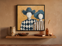 Cowboy & Cowgirl Wall Art — Original Palette-Knife Oil, Slate Blue & Ochre — original hand-painted oil shown on the wall in a styled room