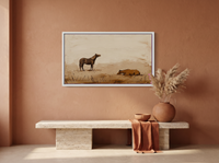 Standing and Resting Horses Wide Wall Art — Original Palette-Knife Oil, Chocolate & Rust — original hand-painted oil shown on the wall in a styled room