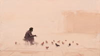 Original wide oil painting of a stooped old man in a mauve coat feeding rust-brown pigeons across a dawn-pink plaza, with faint temple architecture dissolving at the right