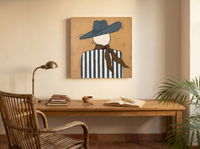 Cowgirl from Behind Wall Art — Original Palette-Knife Oil, Slate Blue & Ochre — original hand-painted oil shown on the wall in a styled room