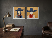 Cowgirl and Cowboy — Set of 2 Original Oils, Navy & Vermilion — original hand-painted oil shown on the wall in a styled room