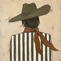 Original oil painting of a cowgirl from behind in an olive-green hat with a caramel scarf over an olive and cream striped shirt, on a sand-cream ground