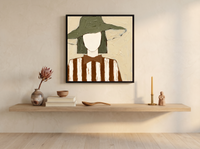 Lady in a Floppy Hat Wall Art — Original Palette-Knife Oil, Olive & Cream — original hand-painted oil shown on the wall in a styled room