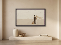 Wedding Couple & Dog Wide Wall Art — Original Palette-Knife Oil, Chocolate & Cream — original hand-painted oil shown on the wall in a styled room