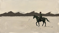 Original wide oil painting of a lone rider in an oxblood hat on a dark olive horse below a charcoal mountain ridge, on a pale plain