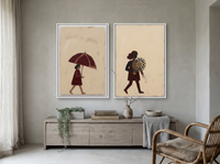 Woman with Umbrella & Woman with Bouquet — Set of 2 Original Oils, Wine & Oat — original hand-painted oil shown on the wall in a styled room