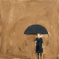 Original oil painting of a woman under a dark navy umbrella with an ivory face, navy dress, on a golden ochre ground