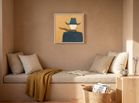 Cowboy from Behind Wall Art — Original Palette-Knife Oil, Slate Blue & Ochre — original hand-painted oil shown on the wall in a styled room