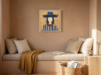 Lady in an Angular Navy Hat Wall Art — Original Palette-Knife Oil, Navy & Red — original hand-painted oil shown on the wall in a styled room