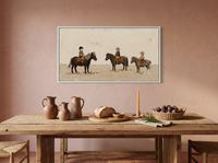 Three Children on Ponies Wide Wall Art — Original Palette-Knife Oil, Chocolate & Cream — original hand-painted oil shown on the wall in a styled room