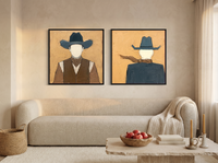 Cowboy Pair, Front & Back — Set of 2 Original Oils, Ochre & Slate Blue — original hand-painted oil shown on the wall in a styled room