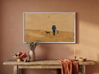 Father, Child and Dog Walking Wide Wall Art — Original Oil Landscape, Golden Ochre & Navy — original hand-painted oil shown on the wall in a styled room