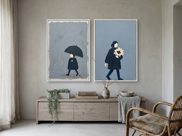 Woman with Umbrella & Woman with Bouquet — Set of 2 Original Oils, Charcoal & Slate