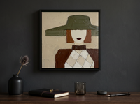Lady in an Olive Hat Wall Art — Original Palette-Knife Oil, Olive & Oxblood — original hand-painted oil shown on the wall in a styled room