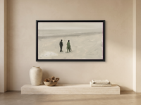 Two Figures on a Beach Wide Wall Art — Original Oil, Sage Green & Misty Grey — original hand-painted oil shown on the wall in a styled room