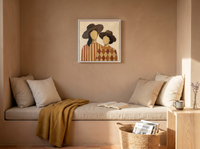Two Ladies in Wide Hats Wall Art — Original Palette-Knife Oil, Chocolate & Rust — original hand-painted oil shown on the wall in a styled room