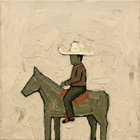 Oil painting of a cowboy in a cream hat and rust striped shirt riding an olive-grey horse in profile, on a cream ground.