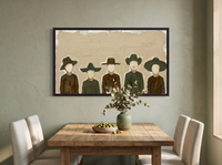 Row of Five Hatted Figures Wide Wall Art — Original Palette-Knife Oil, Olive & Brown — original hand-painted oil shown on the wall in a styled room