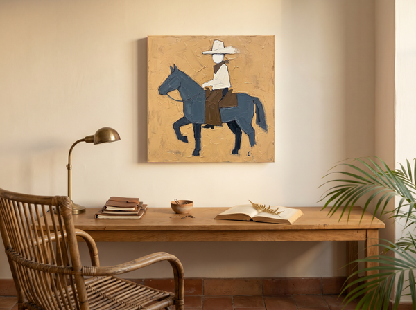 Cowboy on Horseback Wall Art — Original Palette-Knife Oil, Slate & Ochre