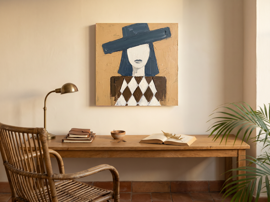 Woman in a Wide Hat Wall Art — Original Palette-Knife Oil, Teal & Ochre