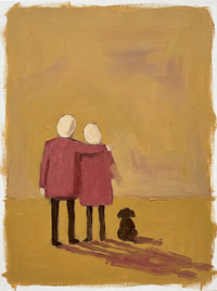 Oil painting of a man and woman in clay-rose coats walking hand in hand, shoulders almost touching, on a mustard-gold ground.