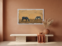 Two Grazing Horses Wide Wall Art — Original Palette-Knife Oil, Navy & Golden Ochre — original hand-painted oil shown on the wall in a styled room
