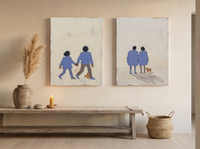 Couple Holding Hands & Couple at Dusk — Set of 2 Original Oils, Periwinkle & Oat — original hand-painted oil shown on the wall in a styled room
