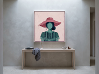 Woman in a Pink Hat Wall Art — Original Palette-Knife Oil, Rose-Pink & Emerald — original hand-painted oil shown on the wall in a styled room