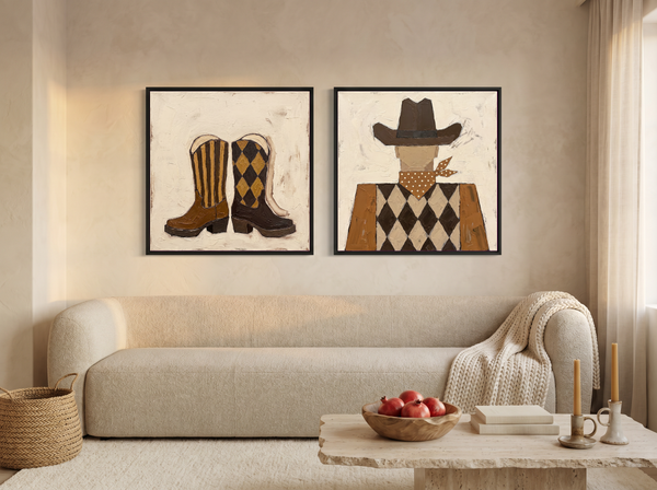 Cowboy Boots & Cowboy — Set of 2 Original Oils, Chocolate & Tan