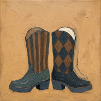 Oil painting of a pair of slate blue-grey cowboy boots toe to toe, one striped in brown and one set with brown diamonds, a pale top, on a golden ochre ground.