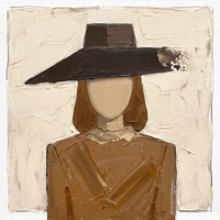 Original heavy-impasto oil painting of a blank-faced woman in a wide dark-brown hat with caramel cubist facets across tan shoulders on a thick cream ground