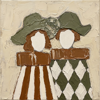 Original oil painting of two women in olive-green hats with pale oval faces, sienna collar bands, and striped and harlequin bodices, on an oat-cream ground