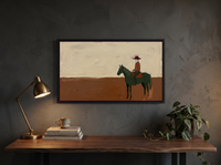 Cowboy on Horseback Wide Wall Art — Original Palette-Knife Oil, Oxblood & Olive — original hand-painted oil shown on the wall in a styled room