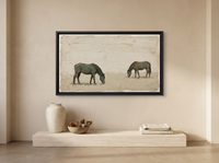 Two Grazing Horses Wide Wall Art — Original Palette-Knife Oil, Sage Green & Terracotta — original hand-painted oil shown on the wall in a styled room