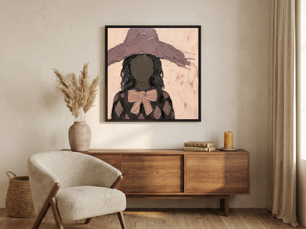 Lady in a Floppy Hat Wall Art — Original Palette-Knife Oil, Mauve & Charcoal