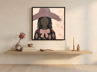 Lady in a Floppy Hat Wall Art — Original Palette-Knife Oil, Mauve & Charcoal — original hand-painted oil shown on the wall in a styled room