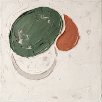 Original textured oil painting of a sage-green oval and a terracotta teardrop with a soft grey crescent below, on an off-white plaster ground, heavy palette-knife impasto.