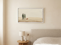 Couple Walking a Dog Wide Wall Art — Original Palette-Knife Oil, Sage & Terracotta — original hand-painted oil shown on the wall in a styled room