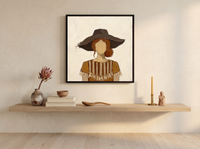 Woman in a Floppy Hat Wall Art — Original Palette-Knife Oil, Chocolate & Ochre — original hand-painted oil shown on the wall in a styled room