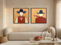 Cowboy Pair, Front & Back — Set of 2 Original Oils, Vermilion & Navy — original hand-painted oil shown on the wall in a styled room