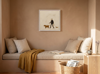 Dog Walker Wall Art — Original Palette-Knife Oil, Brown & Cream — original hand-painted oil shown on the wall in a styled room