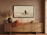 Father, Child and Dog Walking Wide Wall Art — Original Oil Landscape, Chocolate & Cream — original hand-painted oil shown on the wall in a styled room