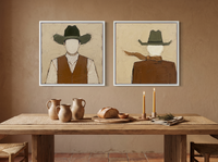 Cowboy Pair, Front & Back — Set of 2 Original Oils, Olive & Rust — original hand-painted oil shown on the wall in a styled room